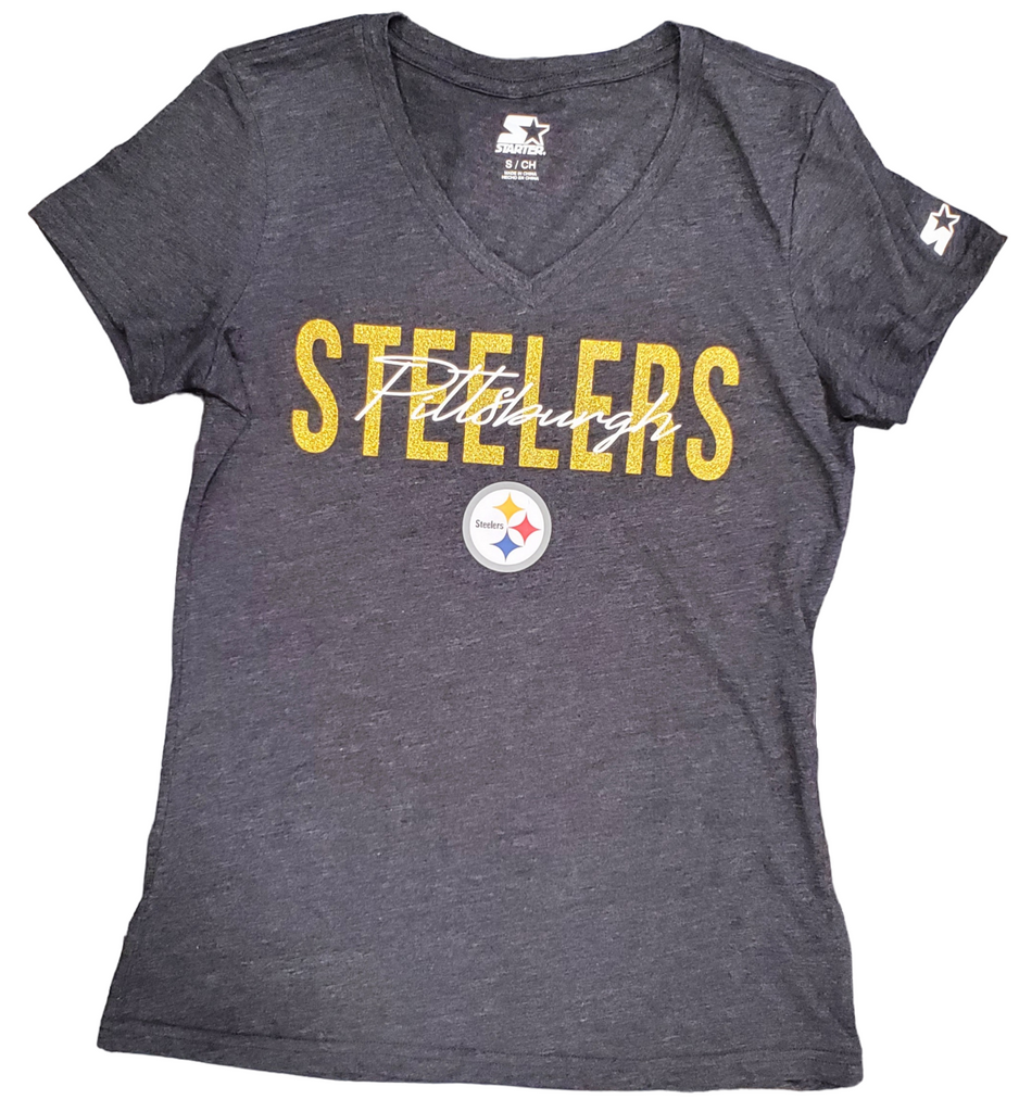 Starter NFL Women's Pittsburgh Steelers Glitter Wordmark V-Neck