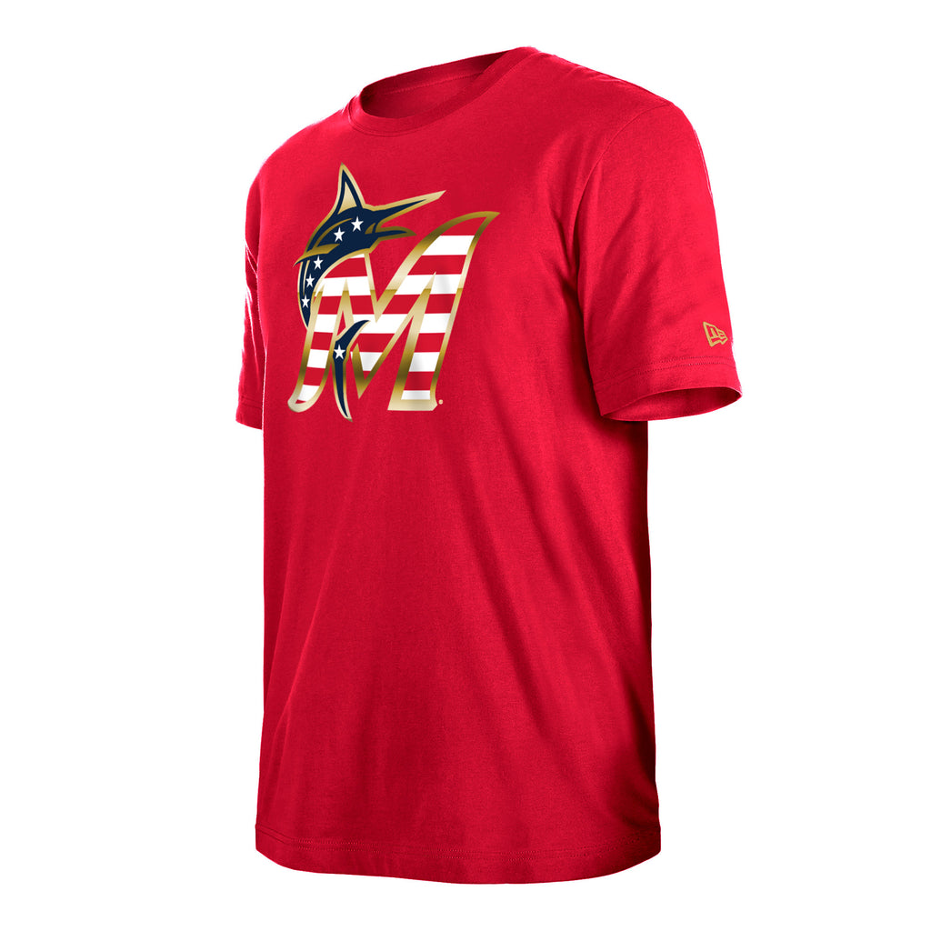 New Era MLB Men's Miami Marlins 4th of July 2023 Stars & Stripes T-Shirt