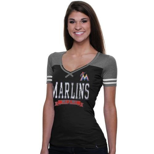 Miami Marlins 5th & Ocean by New Era Women's V-Neck Tri-Blend with Yoke T-Shirt - Black, Size: Small