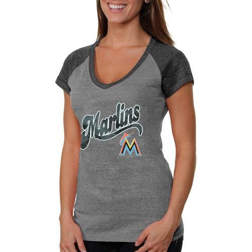 Miami Marlins T-Shirt Women's V-Neck Black/White Genuine MLB Merchandise  Florida