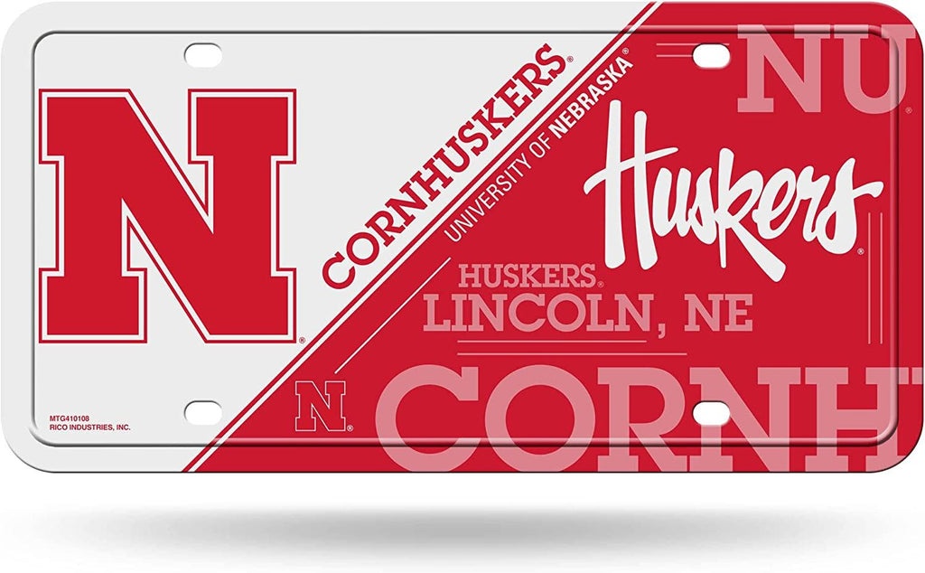 Rico NCAA Nebraska Cornhuskers Metal Auto Tag Front Plate White/Red 6" X 12"