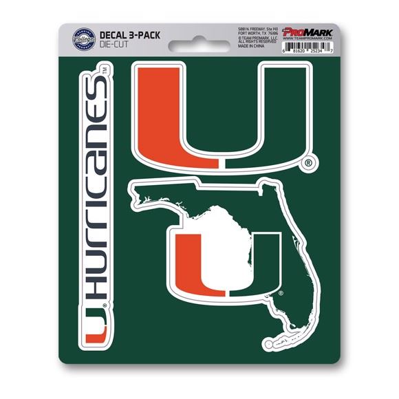 Fanmats NCAA Miami Hurricanes Team Decal - Pack of 3