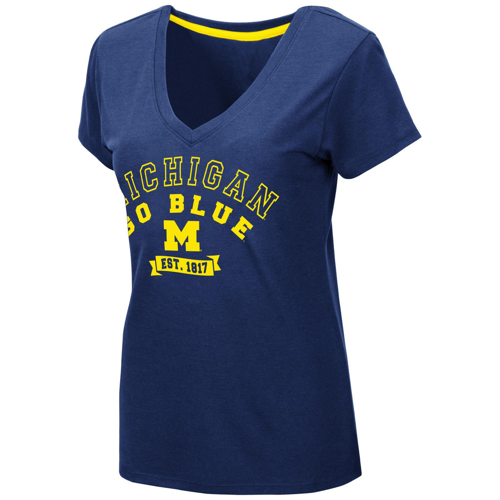 Colosseum NCAA Womens Michigan Wolverines Rose T-Shirt V-Neck Blue