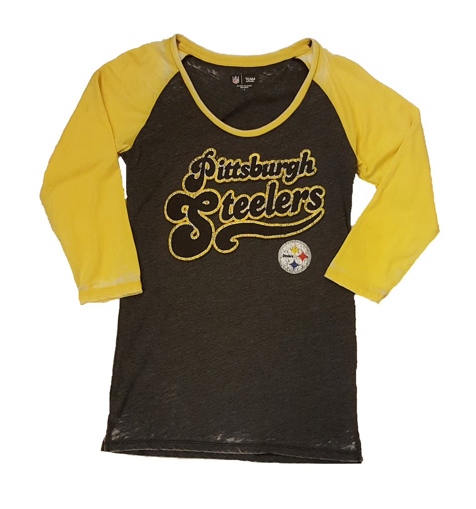 5th & Ocean By New Era NFL Women's Pittsburgh Steelers Burnout Raglan 3/4 Sleeve T-shirt