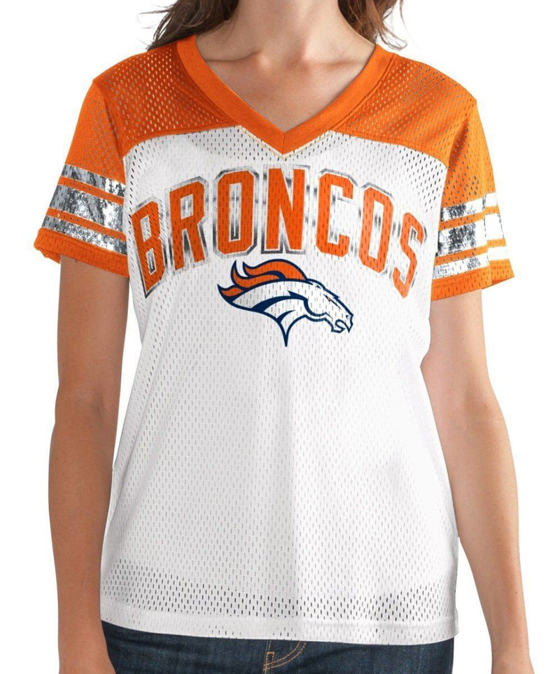 Ladies Denver Broncos Orange Pride Playing V Neck Short Sleeve Tee Shirt