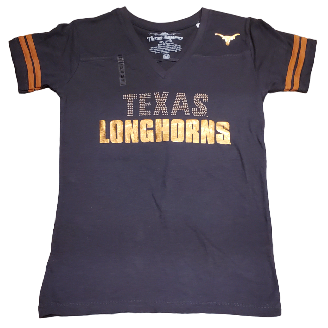 Three Square NCAA Women's Texas Longhorns Studded Foil V-Neck T-Shirt